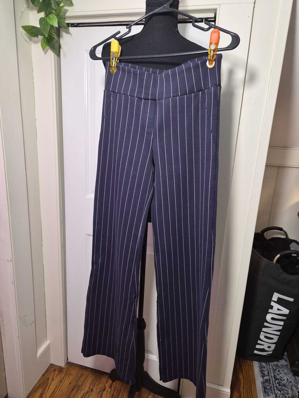 Betabrand Navy Pinstripe Wide-Leg Pants